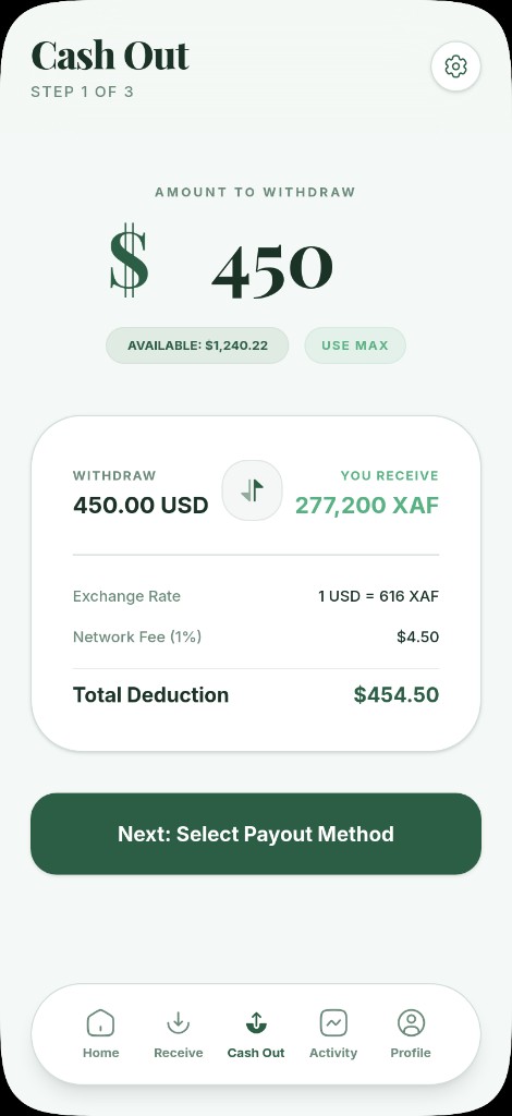 Cash out screen showing MTN MoMo as destination