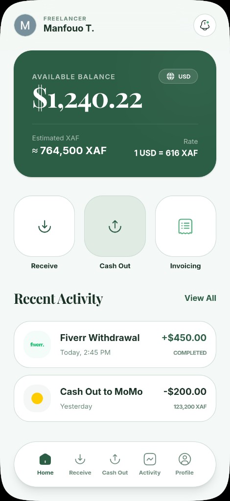 GigMoPay home screen showing available USD balance and estimated XAF