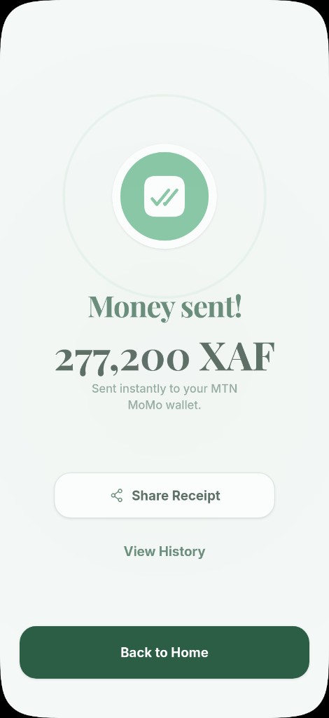 Cash-out success screen showing 277,200 XAF sent to MTN MoMo